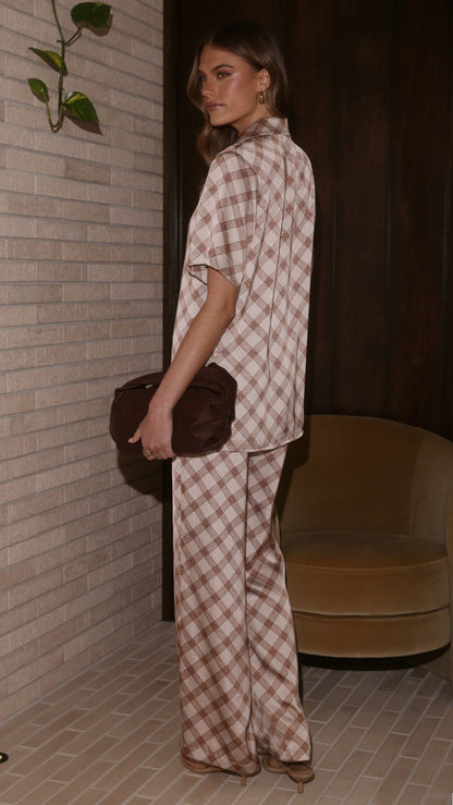 Imogen Button Pants - Brown Plaid
