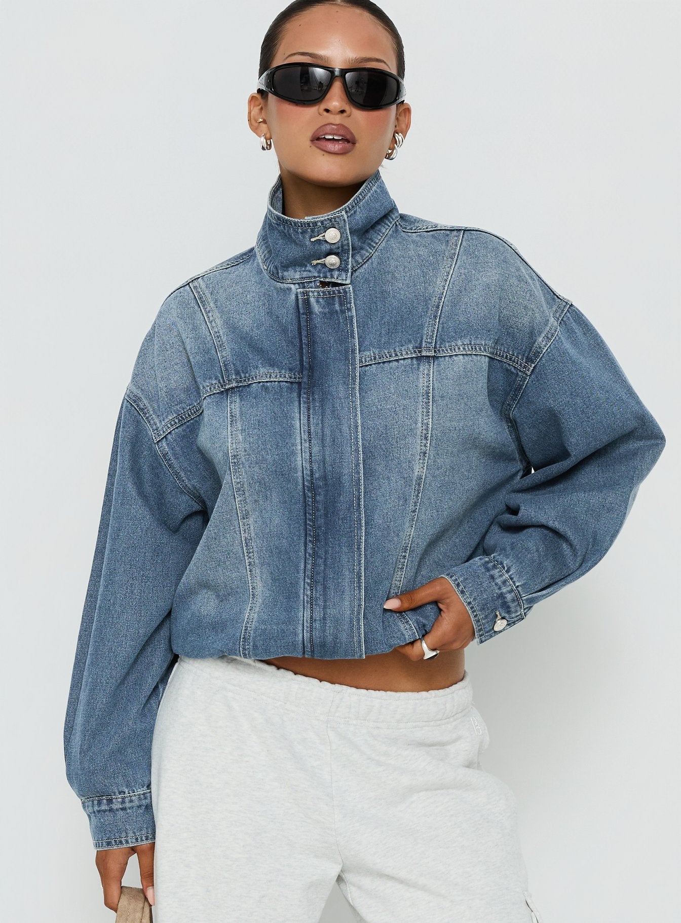 Alfea Funnel Neck Denim Bomber Jacket Mid Blue Wash