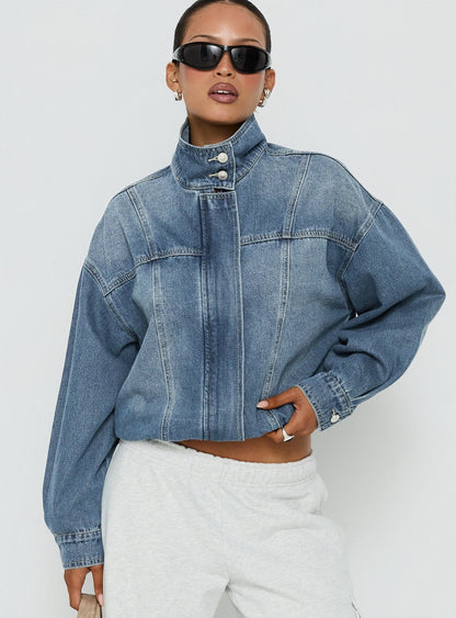 Alfea Funnel Neck Denim Bomber Jacket Mid Blue Wash