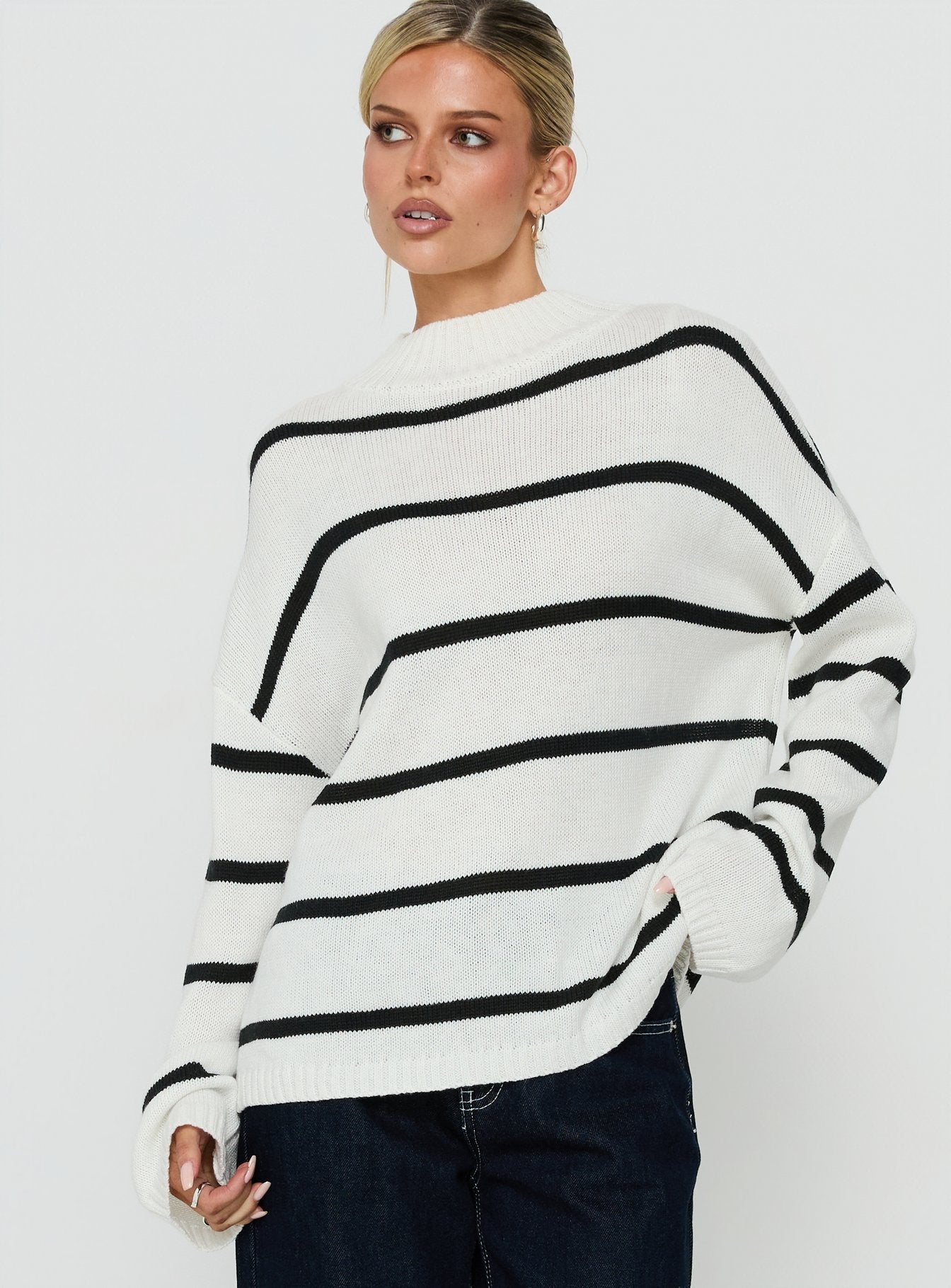 Alara Mock Neck Knit Sweater White Stripe