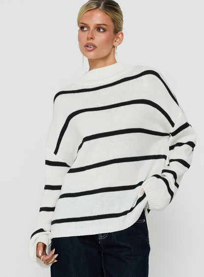 Alara Mock Neck Knit Sweater White Stripe