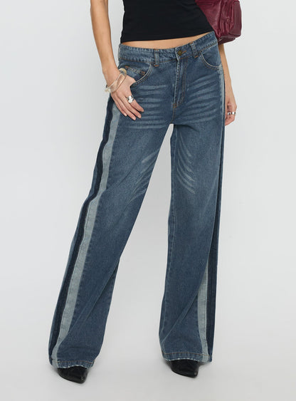 Born Again Mid Rise Straight Leg Contrast Detail Jeans Dark Blue