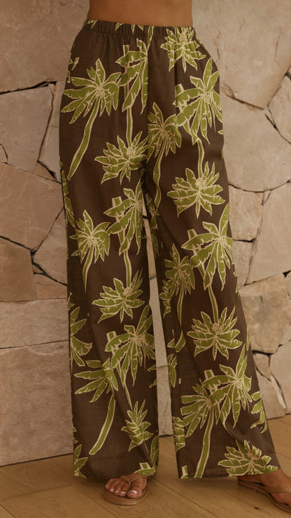Kailani Strapless Top and Pants Set - Brown/Green Palm