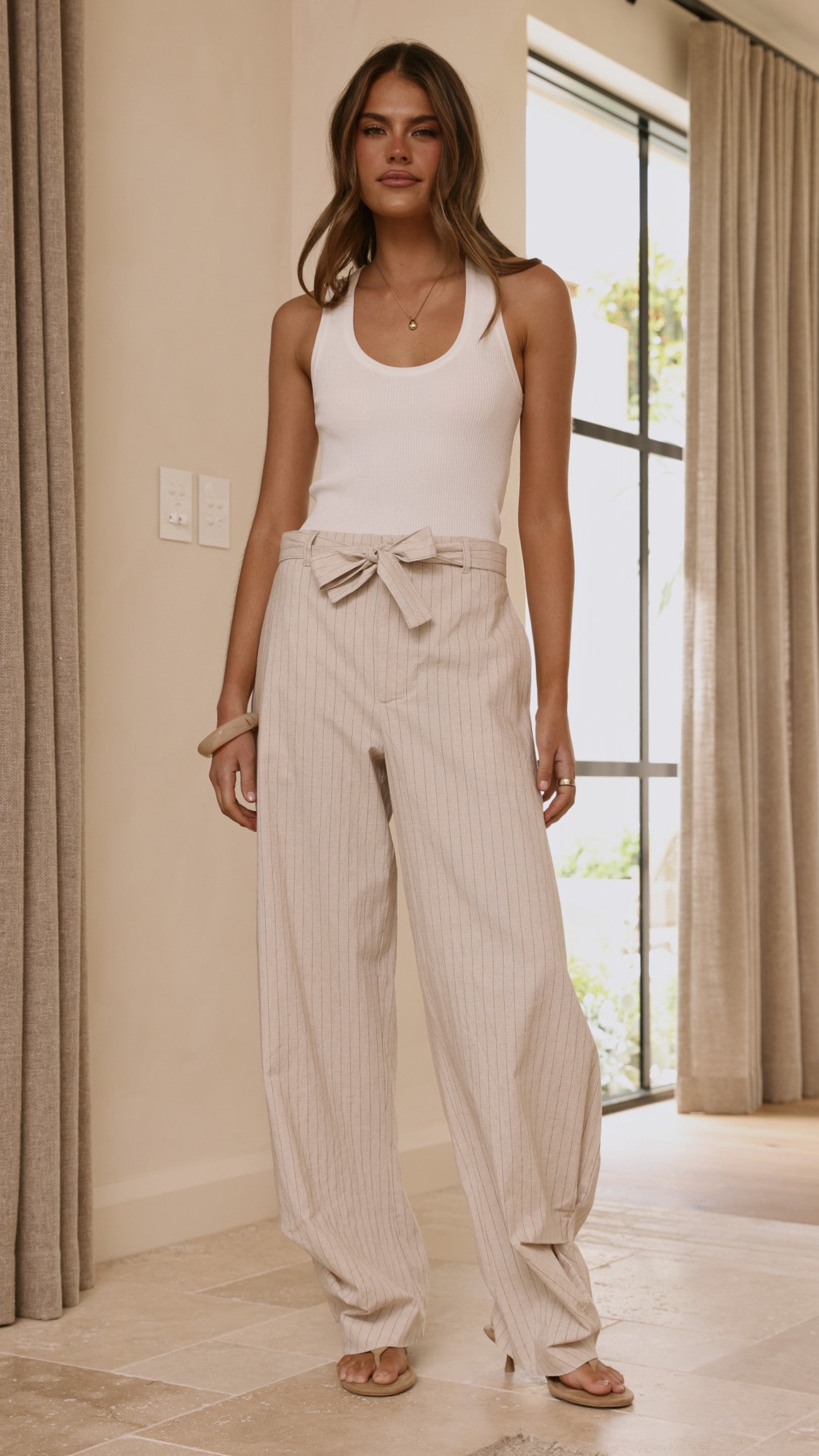 Audrey Pinstripe Tapered Pant - Stone