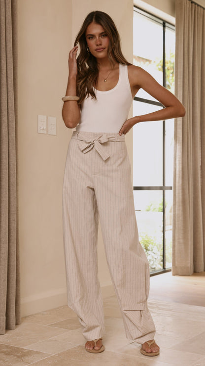 Audrey Pinstripe Tapered Pant - Stone