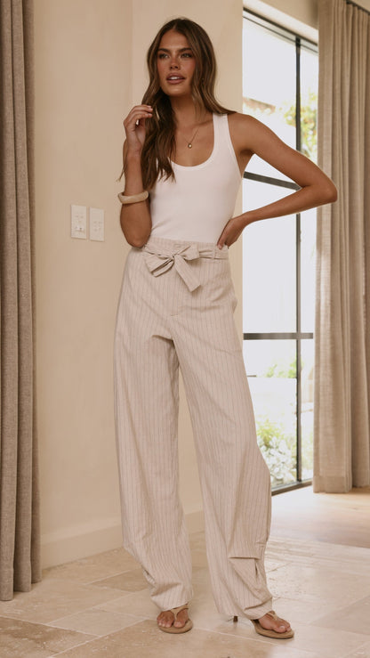 Audrey Pinstripe Tapered Pant - Stone