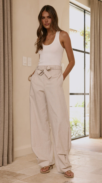 Audrey Pinstripe Tapered Pant - Stone