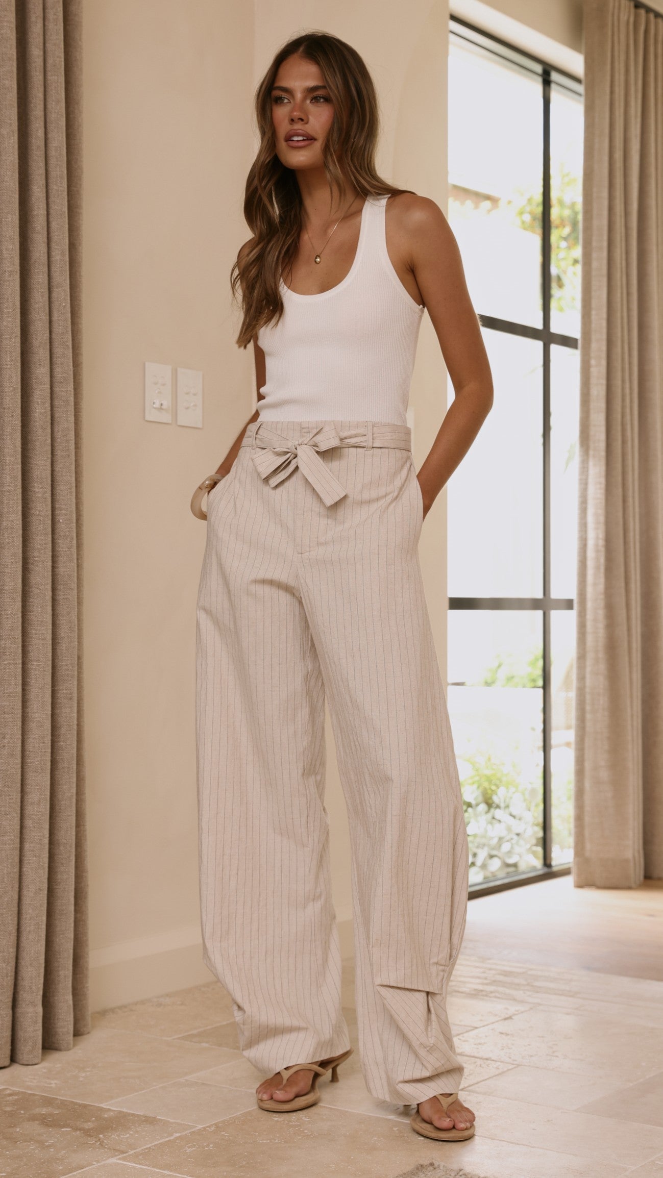 Audrey Pinstripe Tapered Pant - Stone