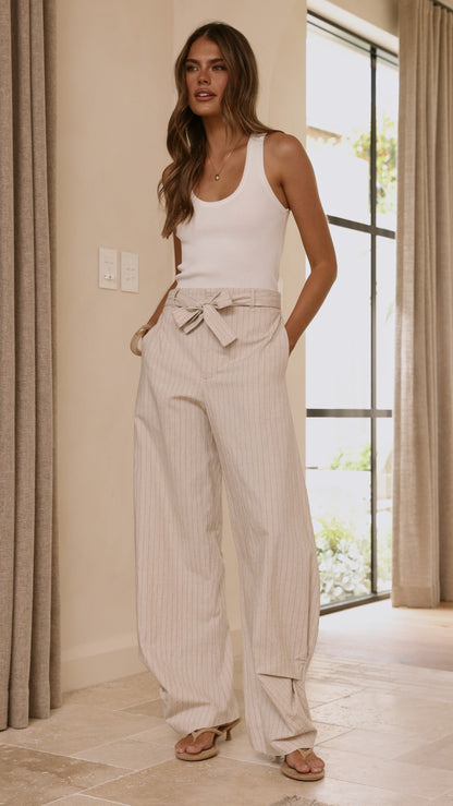 Audrey Pinstripe Tapered Pant - Stone