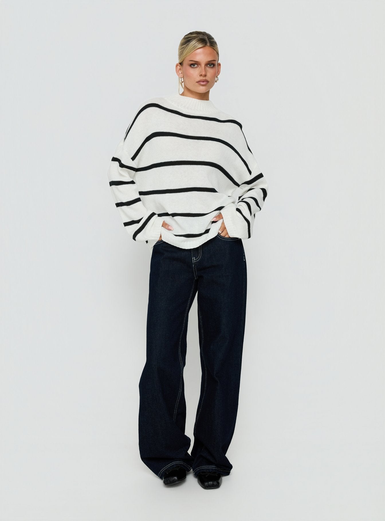 Alara Mock Neck Knit Sweater White Stripe