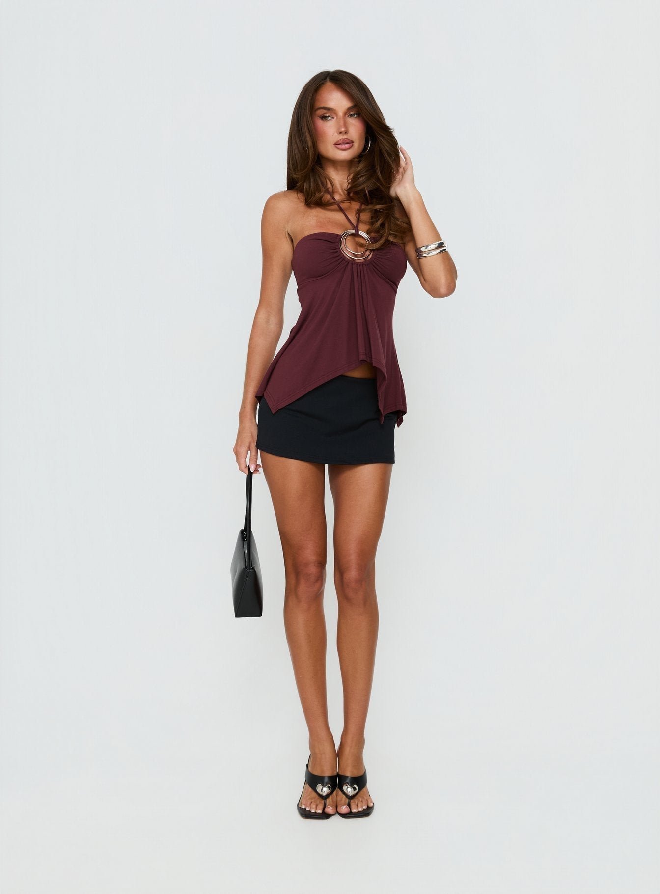 Betsey Ring Detail Tie Neck Top Burgundy
