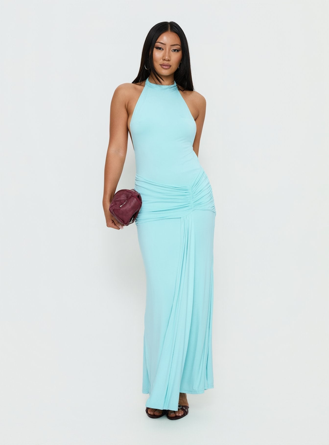 Aloise High Neck Draped Maxi Dress Cyan