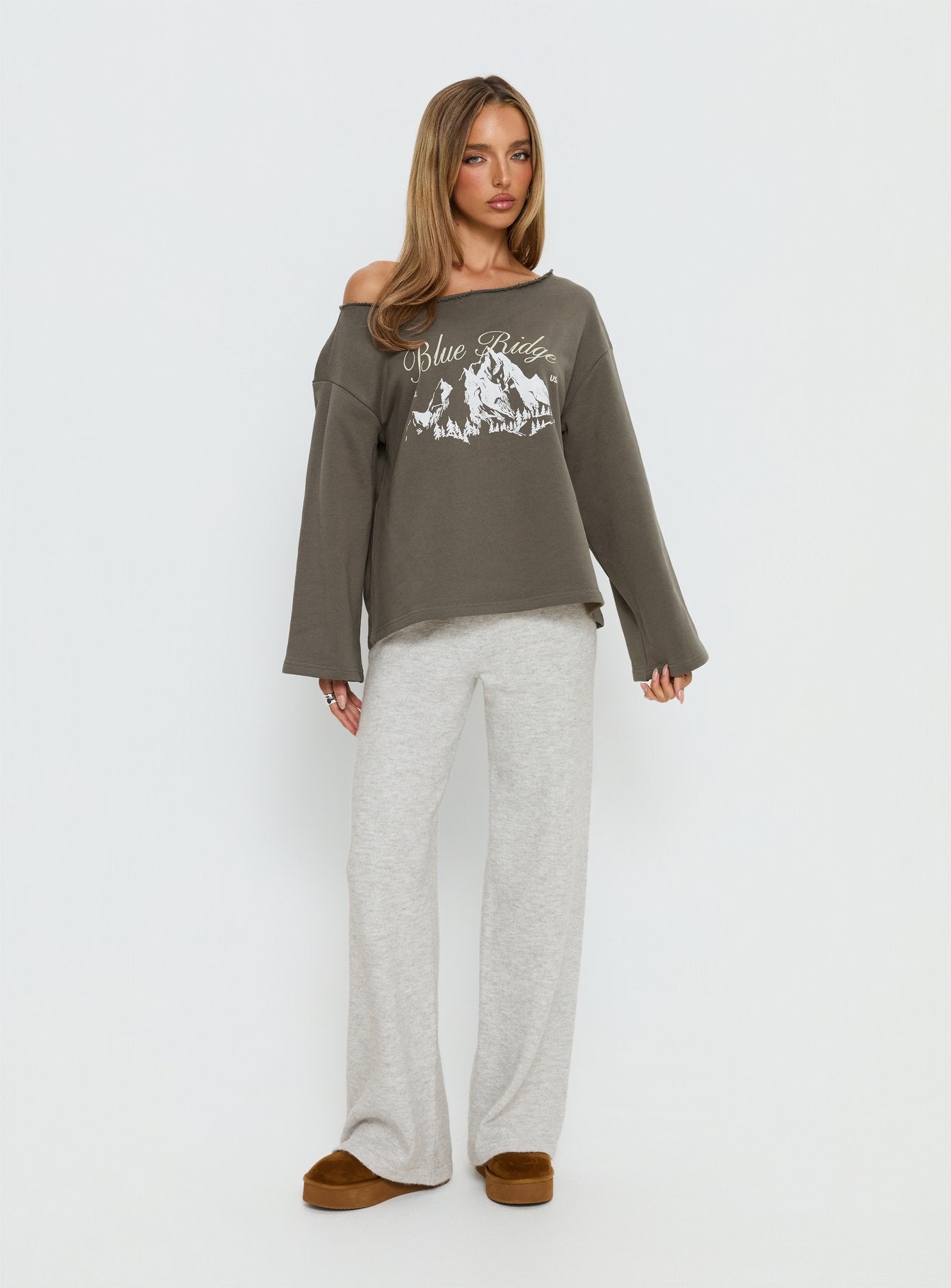 Blue Ridge Mountains Off Shoulder Graphic Sweater Grey