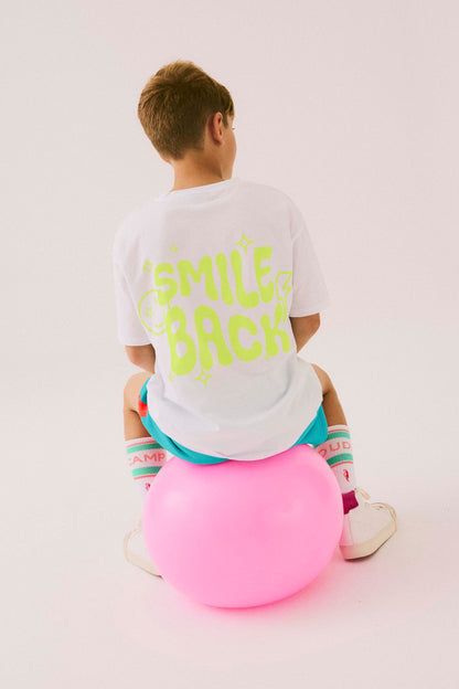 Kids White with Neon Yellow Smile Back Slogan Relaxed T-Shirt