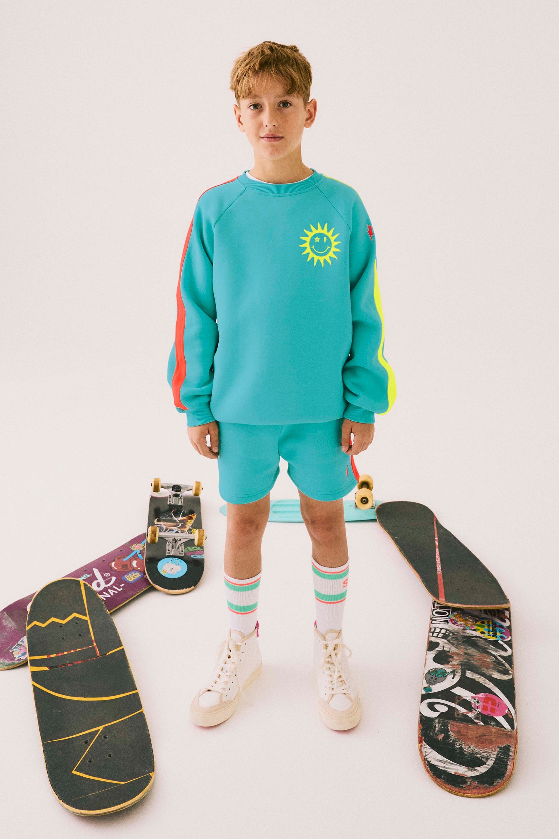 Kids Bright Green with Neon Coral Colourblock Shorts