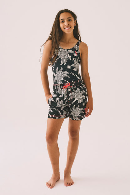 Kids Black with Off White Palm Spring Swim Shorts