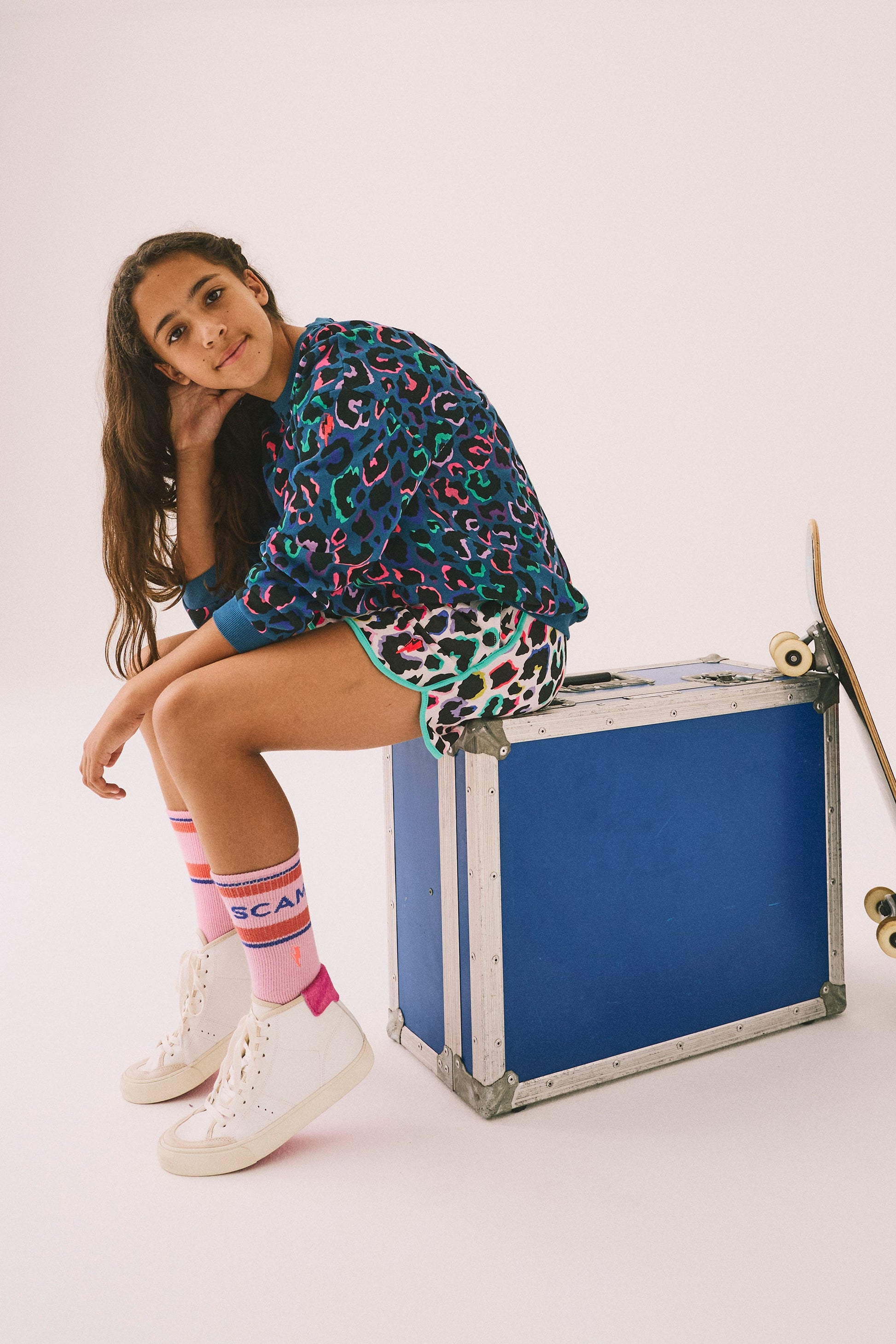 Kids Teal with Rainbow Shadow Leopard Oversized Sweatshirt