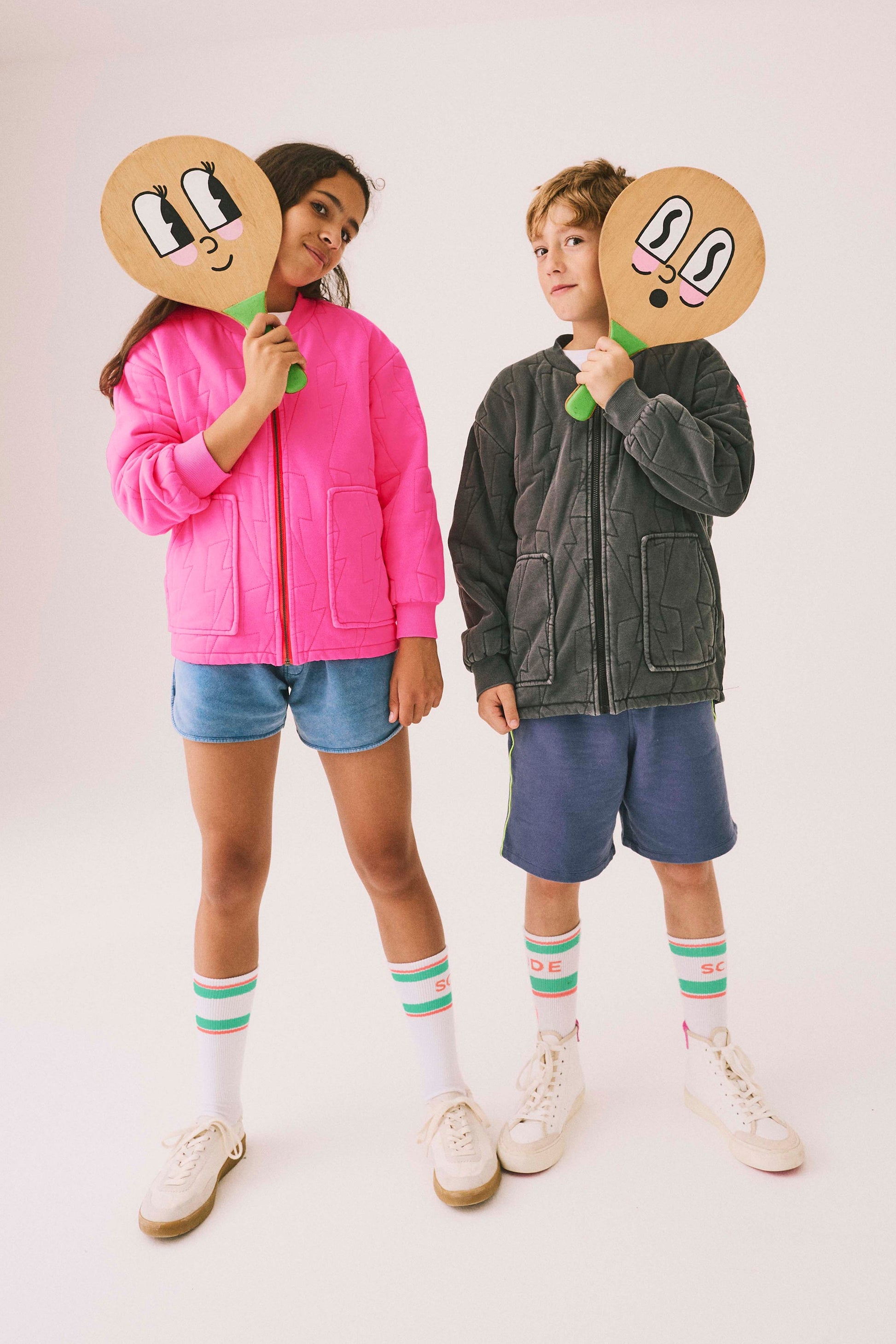Kids Neon Pink Lightning Bolt Quilted Bomber Jacket
