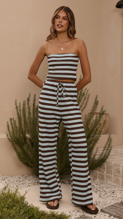 Milla Strapless Top & Pants Set - Brown/Blue Stripe