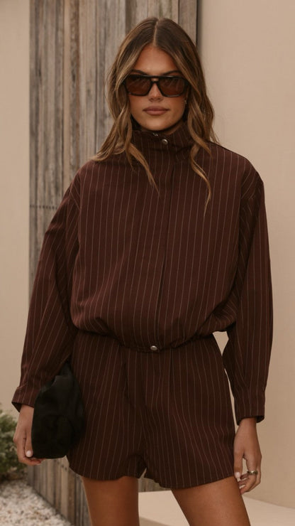 Ivana Funnel Neck Jacket & Shorts Set - Brown Pinstripe