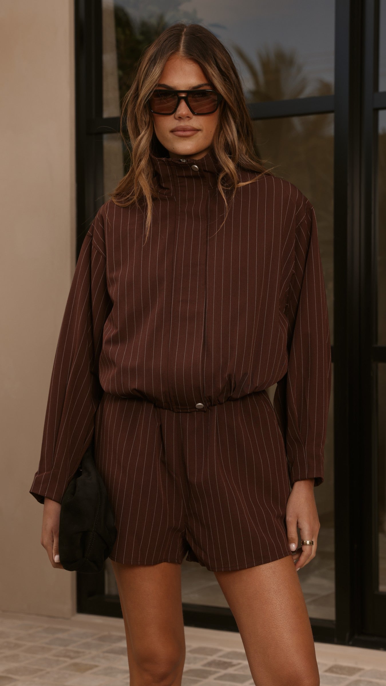 Ivana Funnel Neck Jacket & Shorts Set - Brown Pinstripe