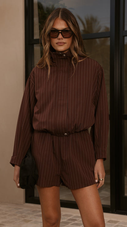 Ivana Funnel Neck Jacket & Shorts Set - Brown Pinstripe