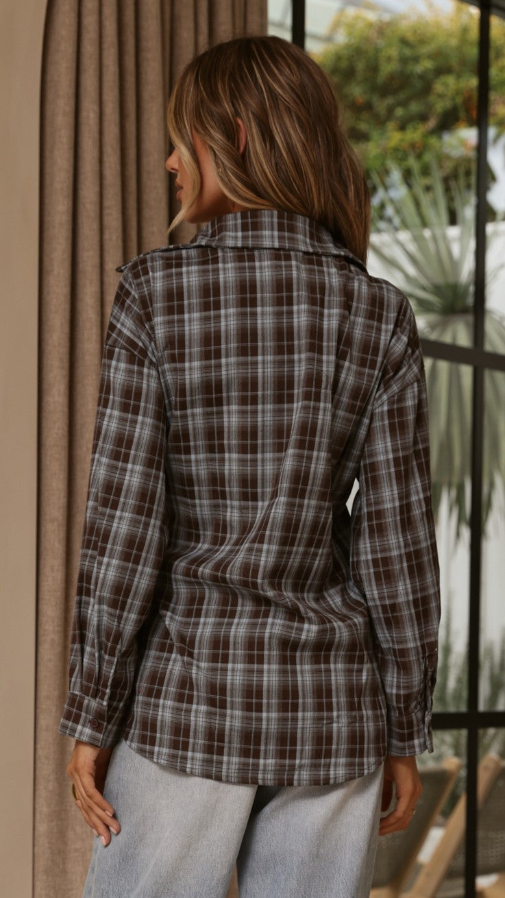Valia Asymmetrical Button Up Shirt - Blue/Brown Plaid