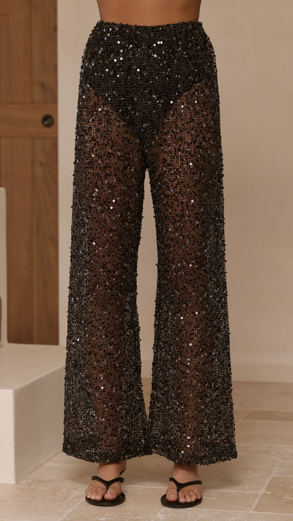 Zarina Sequin Long Line Top and Pants Set - Black