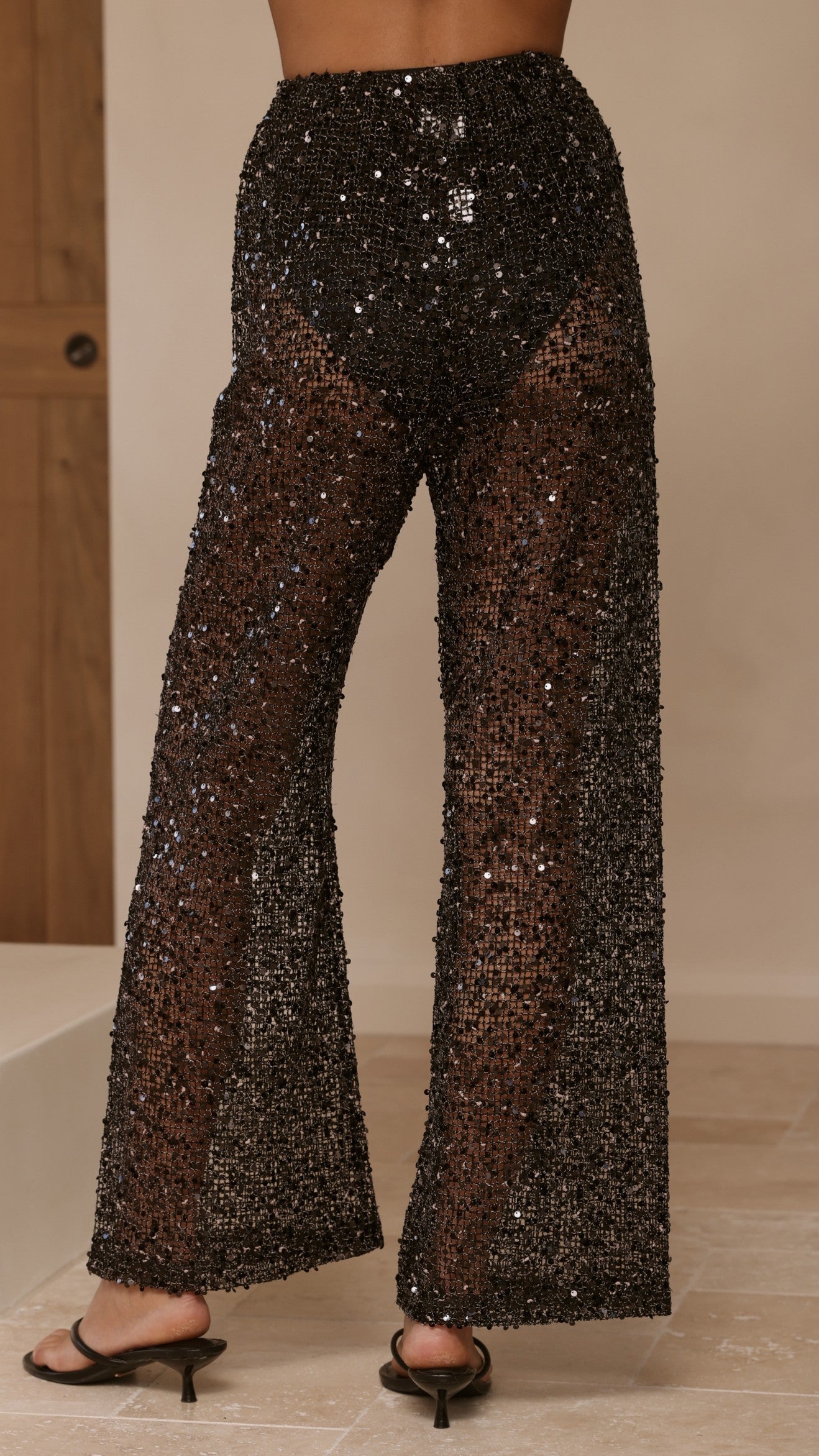 Zarina Sequin Long Line Top and Pants Set - Black