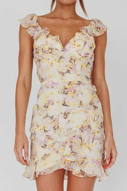 Make Memories Frill Strap Mini Dress Floral Yellow