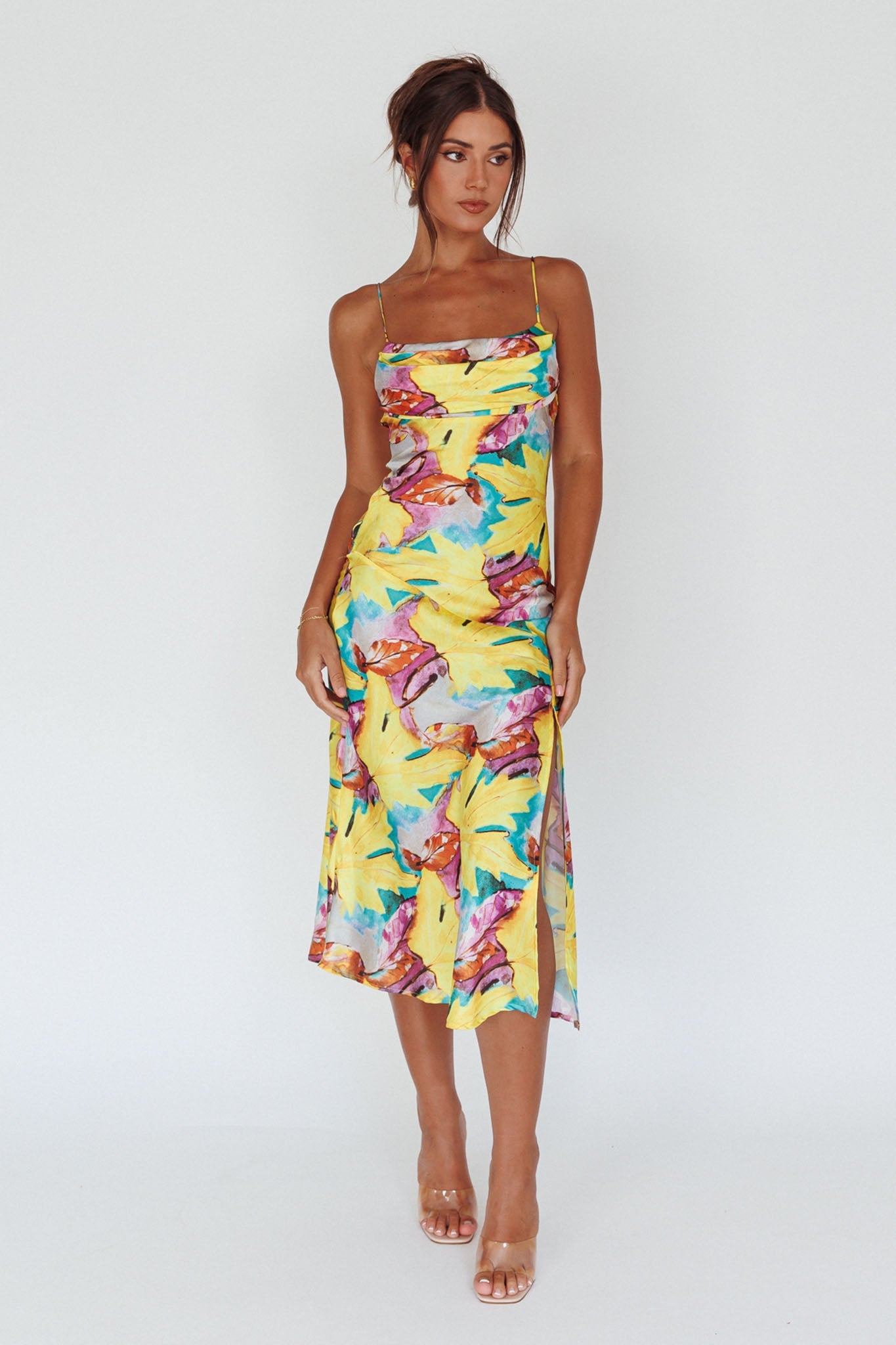 Well Versed Pleated Bust Front Split Dress Leaf Print Yellow
