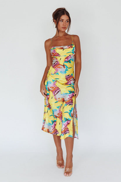 Well Versed Pleated Bust Front Split Dress Leaf Print Yellow