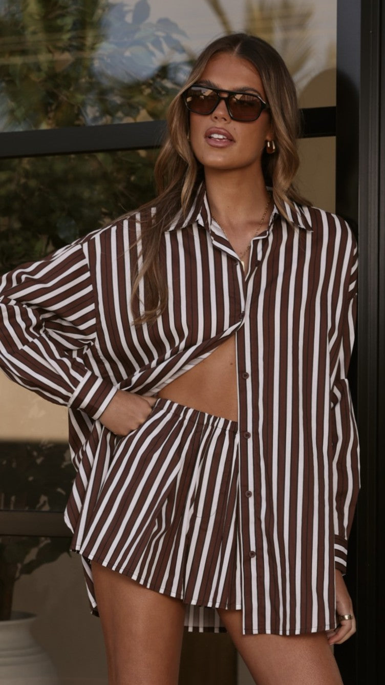 Arli Button Up Shirt - Brown/White Stripe