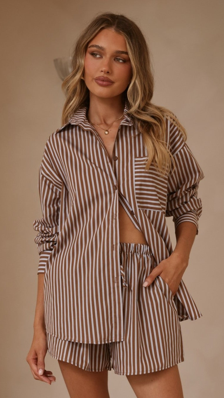 Elita Long Sleeve Button Up Shirt and Shorts Set - Brown/Blue Stripe