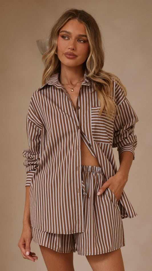 Elita Long Sleeve Button Up Shirt and Shorts Set - Brown/Blue Stripe