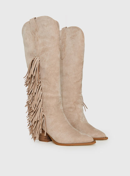 Billini Ardie Faux Suede Tassel Cowboy Boots Light Beige