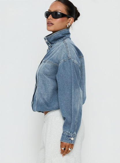 Alfea Funnel Neck Denim Bomber Jacket Mid Blue Wash