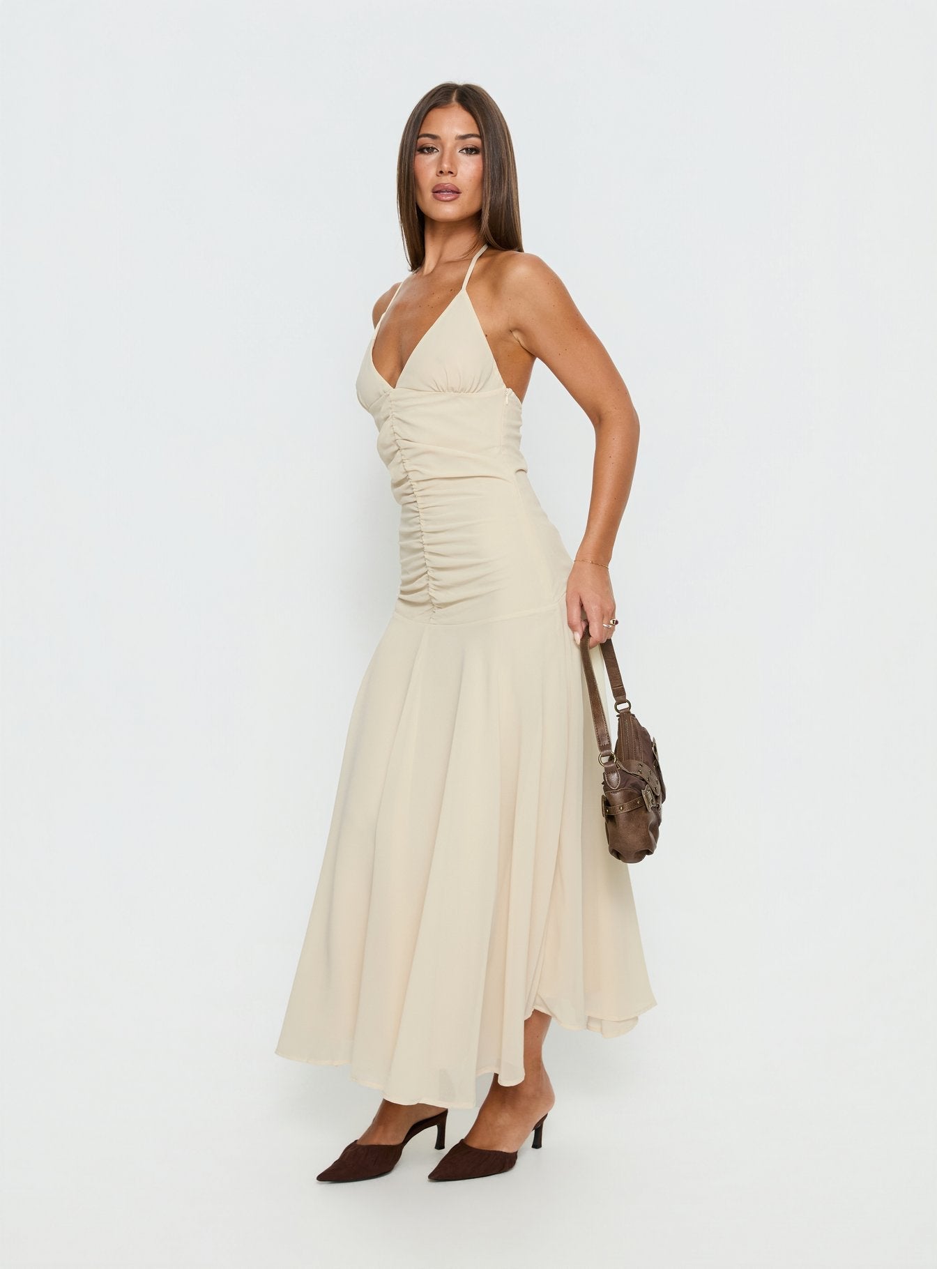 Carlisla Ruched Halter Maxi Dress Yellow