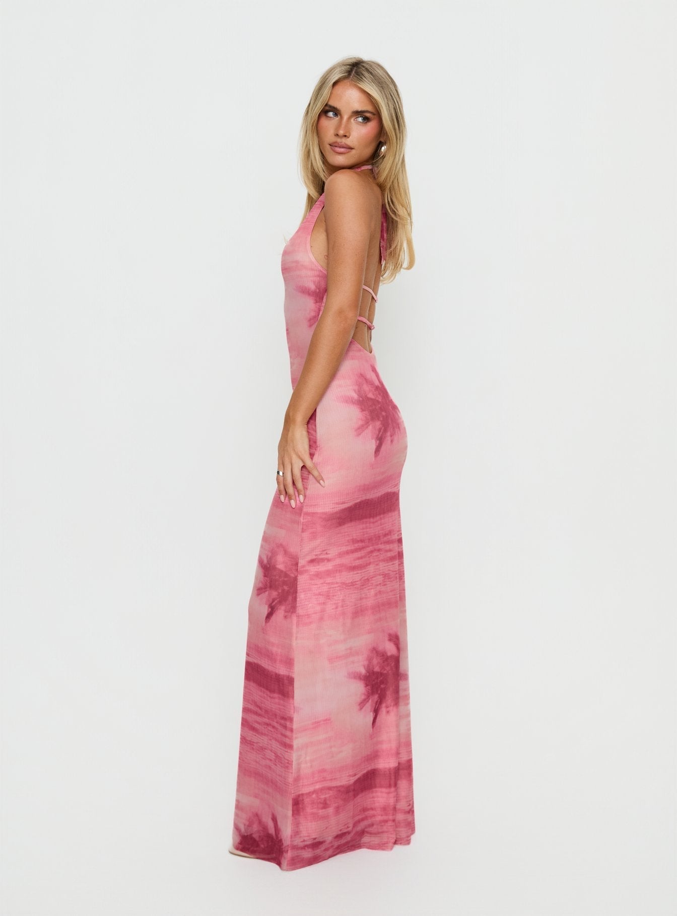 Amelina Halter Maxi Dress Pink Palm Tree Multi
