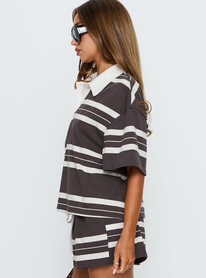 Aaren Boxy Polo Top Brown Stripe