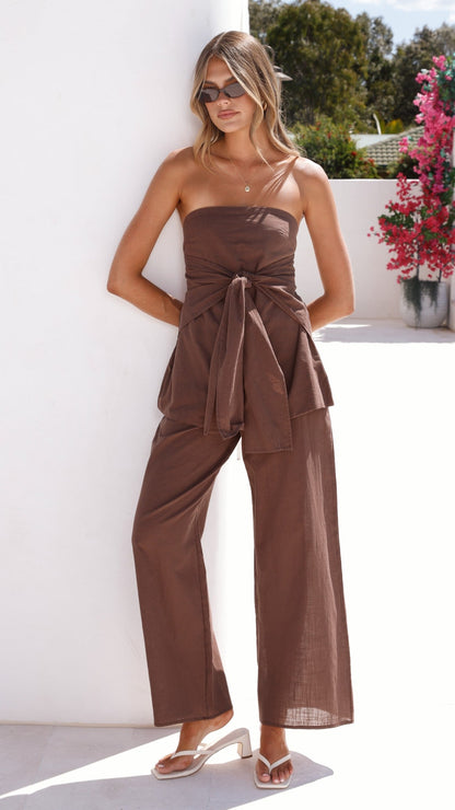 Talia Strapless Top and Pants Set - Brown