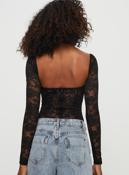 Cadrot Long Sleeve Lace Bodysuit Black