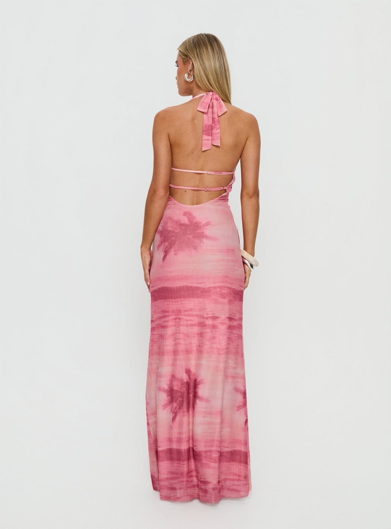 Amelina Halter Maxi Dress Pink Palm Tree Multi