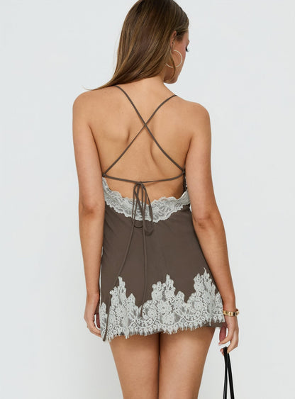 Call My Lover Lace Slip Mini Dress Brown / Cream