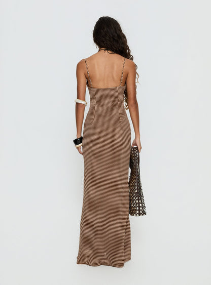 Aliah Cowl Neck Maxi Dress Brown Polka Dot