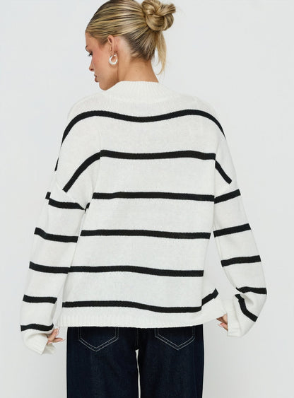 Alara Mock Neck Knit Sweater White Stripe