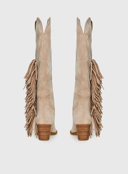 Billini Ardie Faux Suede Tassel Cowboy Boots Light Beige