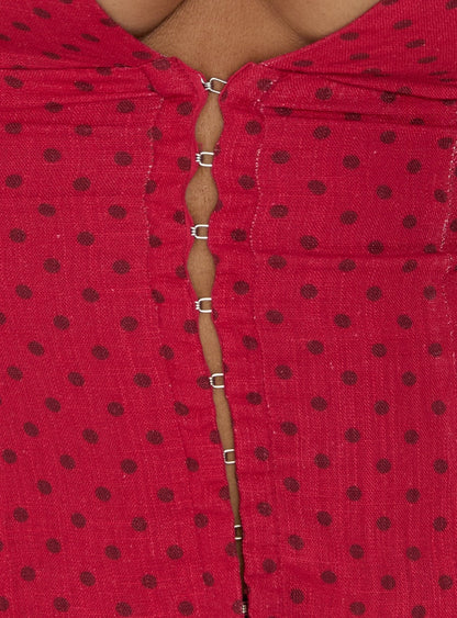 Alissea Keyhole Linen Blend Top Red Polka