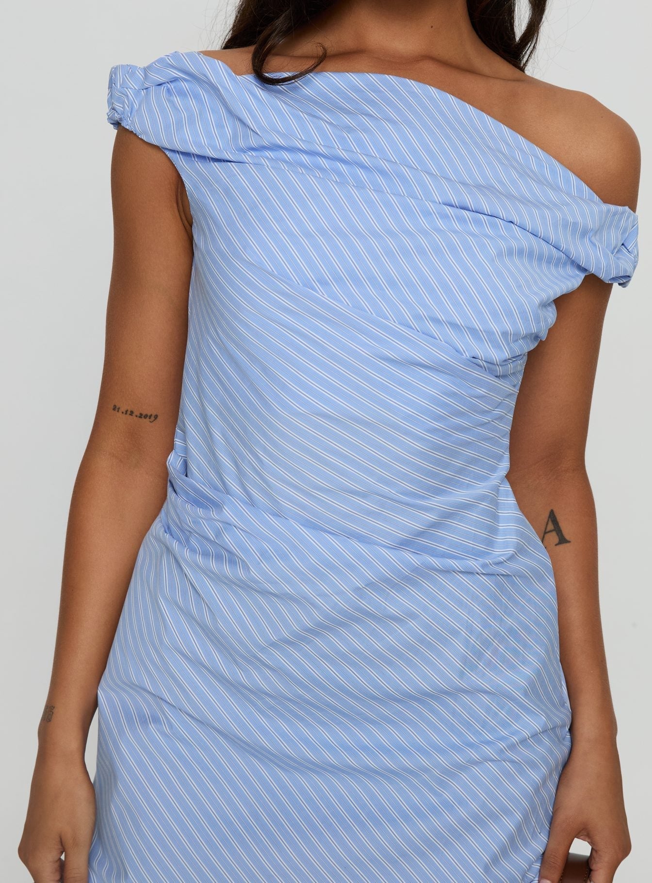 Caretta Off Shoulder Mini Dress Blue Stripe