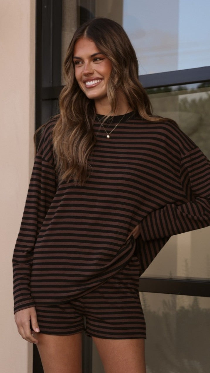 Flossie Long Sleeve Top and Shorts Set - Choc/Black Stripe